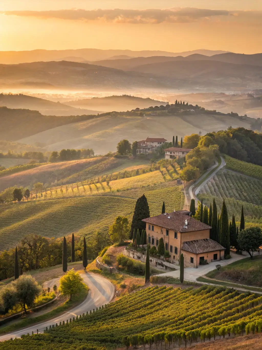 A serene image of a sunset over the vineyards of Ribeira Sacra, symbolizing the peaceful and reflective experiences offered by Ensácrate.